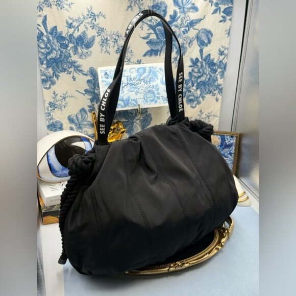 🆕 SEE BY CHLOE 🧿 NWOT Flo Shoulder Bag, Black Nylon - Picture 7 of 16